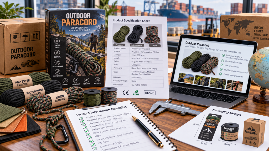 Rope HS code and product information checklist for importers, featuring polyester, polypropylene, and nylon paracord samples, specifications, packaging options, and import documentation.