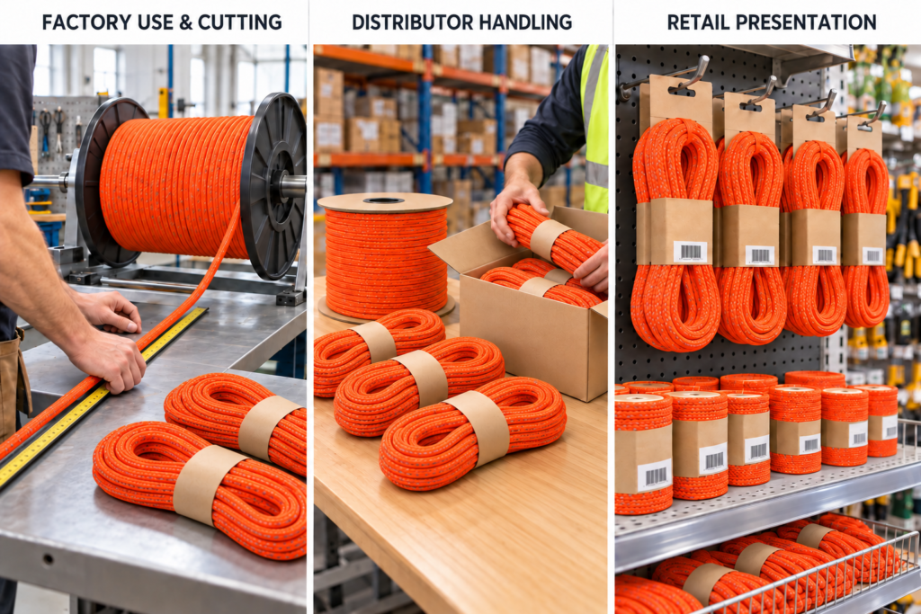 Orange paracord rope packaging shown in spools and hanks for factory processing, distributor handling, and retail display.